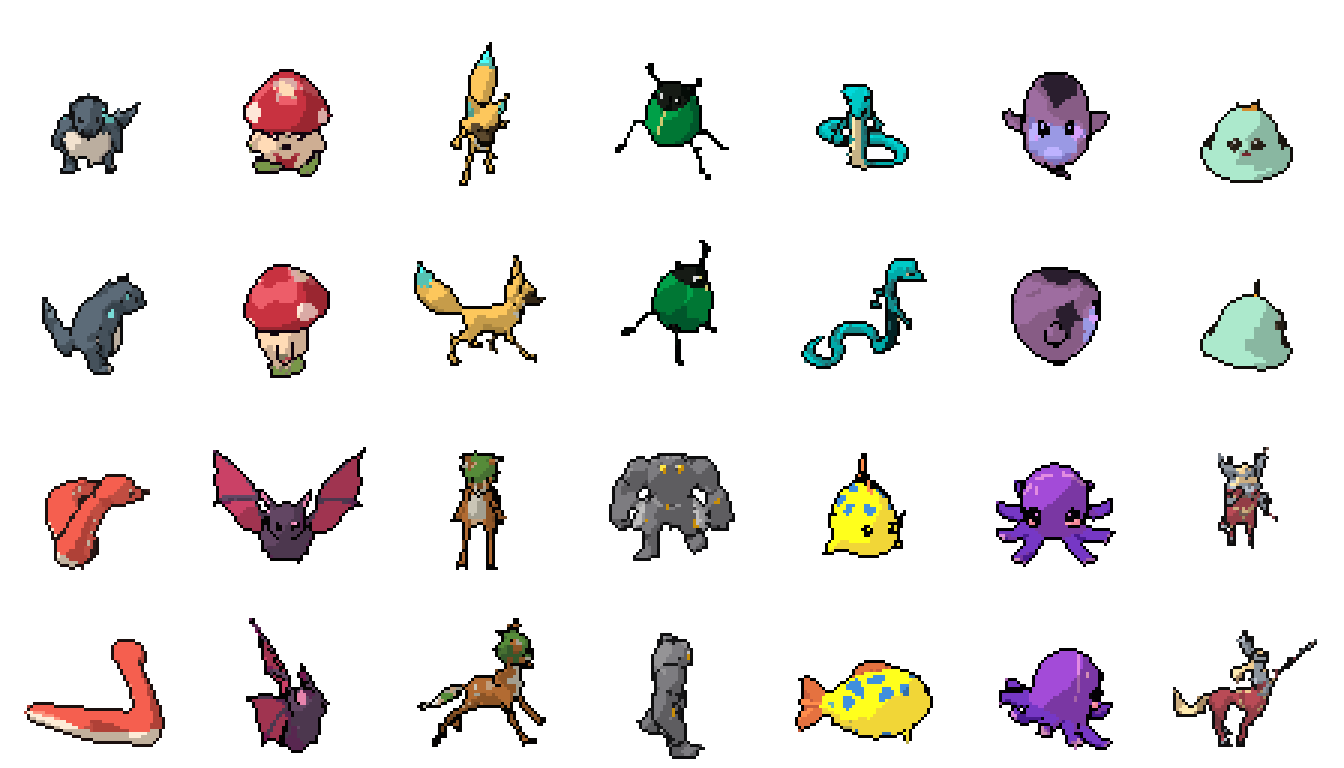 Fourteen pixel-art creatures, front and side views