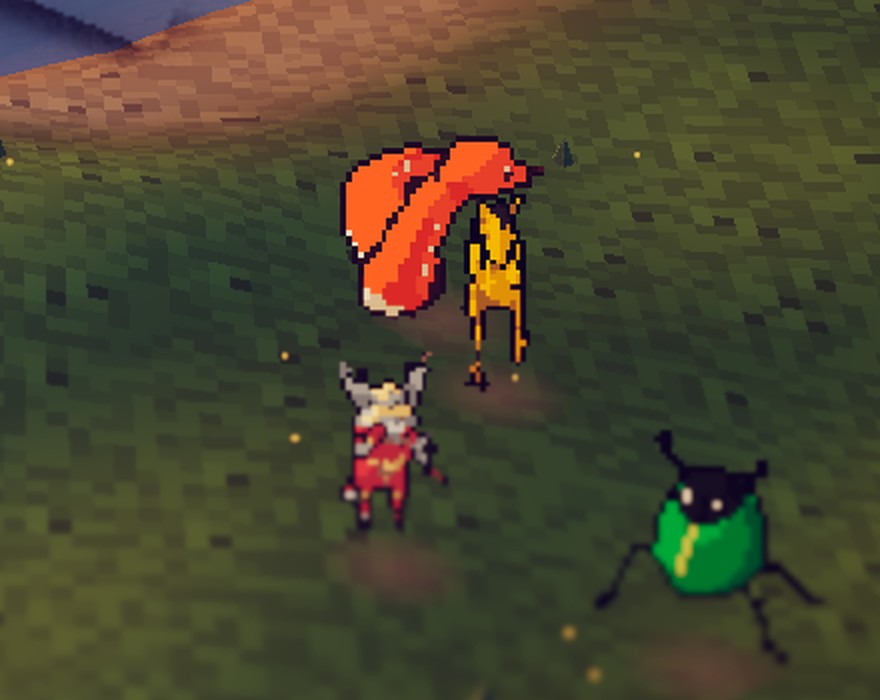Close-up of sprites on the grass of the pond scene