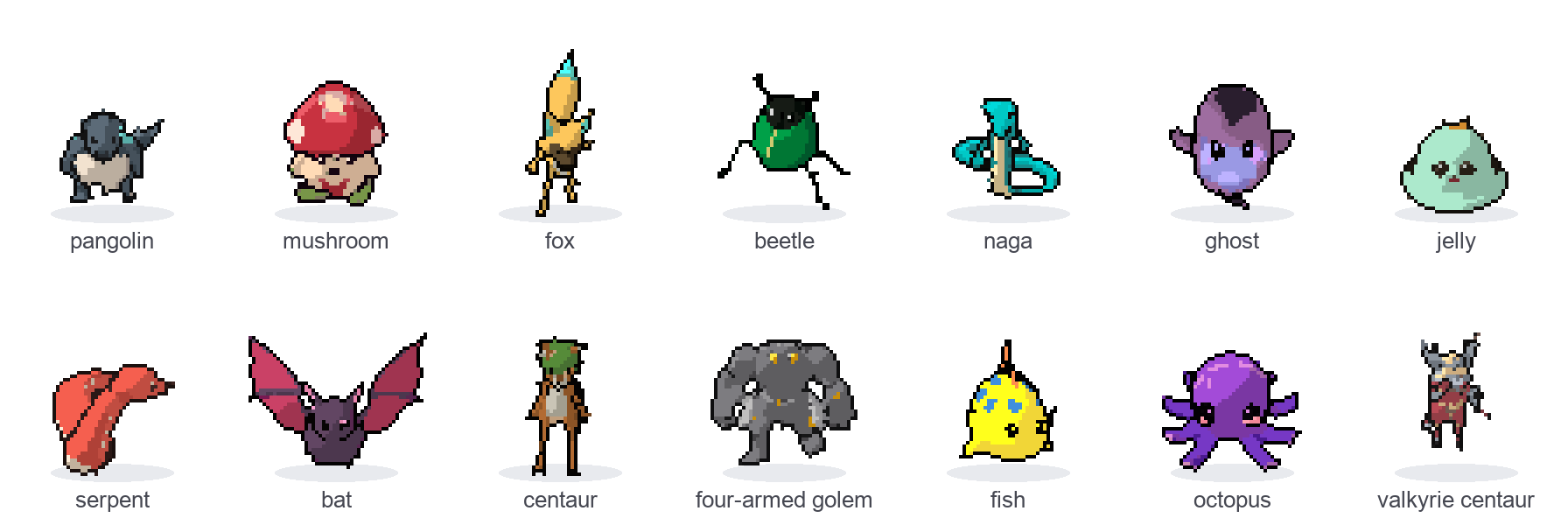 Fourteen pixel-art characters seen from the front in two rows, each labeled